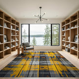 Distressed Grey Wood Plaid Rug with Yellow Splashes