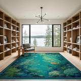 Washable Teal Underwater Botanical Fish Area Rug - Low Pile & Non-Slip