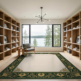 Ornate Emerald Green and Gold Floral Border Rug