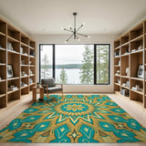 Traditional Persian Teal Gold Mandala Persian Area Rug