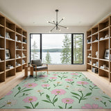 Mint Green Pink Daisy Floral Area Rug