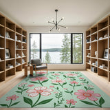 Whimsical Pink Floral Mint Green Area Rug