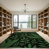Vibrant Green Leaves on Black Area Rug