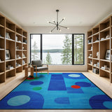 Abstract Geometric Blue Area Rug with Colorful Circles