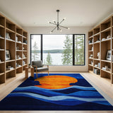 Orange Sun Over Teal Waves Geometric Rug
