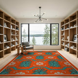 Vibrant Orange Teal Palm Frond Area Rug