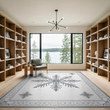 Elegant Grey Snowflake Ornate Border Area Rug