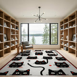 Black and White Kids Cartoon Playful Black Cat Cartoon Area Rug