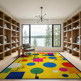 Washable Vibrant Yellow Geometric Bauhaus Area Rug - Low Pile