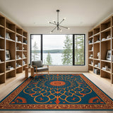 Teal Persian Medallion Area Rug with Orange Accents