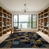 Black Gold Geometric Stair Mandala Patchwork Rug