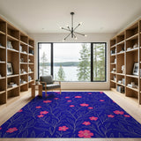Pink Floral on Navy Blue Vintage Area Rug