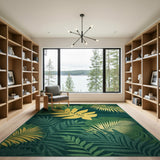 Golden Monstera Leaf Area Rug on Emerald Green