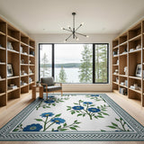 Blue Daisy Floral Area Rug with Teal Border