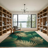 Emerald Green Palm Frond Area Rug with Gold Accents