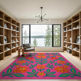 Vibrant Pink Floral Area Rug with Orange Blooms