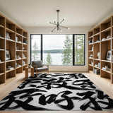 Raven Ink Black White Abstract Area Rug