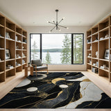 Gold and Silver Black Gold Marble Vein Abstract Area Rug