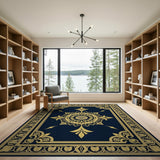 Gold and Silver Navy Blue Gold Ornate Medallion Area Rug