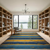 Distressed Vintage Blue Yellow Striped Area Rug