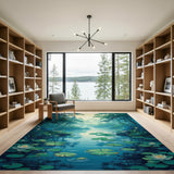 Teal Lotus Pond Misty Forest River Rug