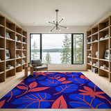 Navy Blue and Coral Leaf Pattern Area Rug