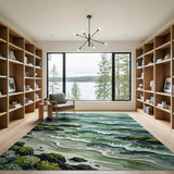 Teal Waves Crashing on Mossy Rocks Area Rug