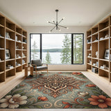 Teal Orange Floral Mandala Vintage Area Rug