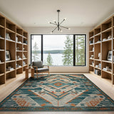 Blue and Teal Teal Orange Geometric Southwestern Area Rug