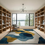 ODIKA Modern Abstract Blue and Gold Washable Rug - Low Pile Non-Slip Area Rug