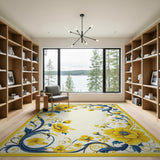 ODIKA Yellow and Blue Floral Washable Rug - Vintage Low Pile Non-Slip Area Rug