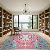 Multi-color and Patterns Vibrant Pink Teal Mandala Persian Area Rug
