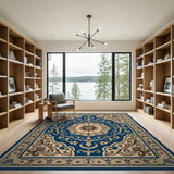 ODIKA Washable Blue and Beige Traditional Medallion Rug, Low Pile Non-Slip Area Rug, Pet & Kid Friendly