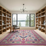 Vibrant Pink Border Tribal Geometric Area Rug