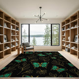 Teal Butterflies Golden Leaves Black Area Rug