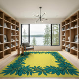 Vibrant Yellow Area Rug with Teal Leaf Border