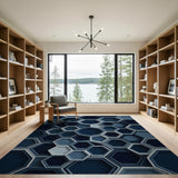 Layered Navy Blue Hexagon 3D Area Rug