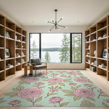 Vintage Pink Roses Mint Green Floral Area Rug