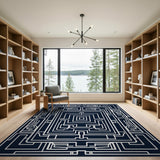 Geometric Modern Black and White Navy Maze Labyrinth Geometric Area Rug