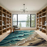 Blue and Teal Teal Ocean Waves Crashing on Sandy Beach Rug