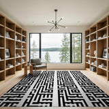 Black and White Intricate Maze Labyrinth Black White Rug