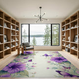 ODIKA Washable Purple Hibiscus Butterfly Floral Rug, Non-Slip Low Pile Area Rug