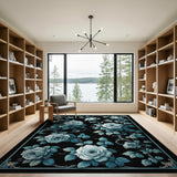 Elegant White Roses Teal Leaves Black Area Rug