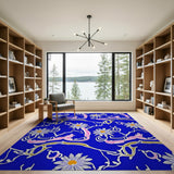 Blue Swirling Daisy Floral Area Rug