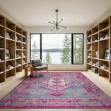 Vibrant Pink Border Teal Geometric Tribal Area Rug