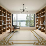 Gold and Silver Ornate Gold Border Beige Area Rug