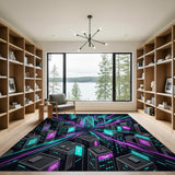 Geometric Modern Neon Cyberpunk Cityscape Area Rug