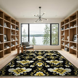 Golden Daisy Floral on Black Vintage Area Rug