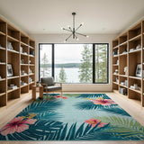 Teal Hibiscus Palm Leaf Coastal Area Rug