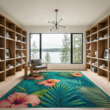 Washable Tropical Teal Hibiscus Area Rug - Low Pile, Non-Slip, Pet Friendly